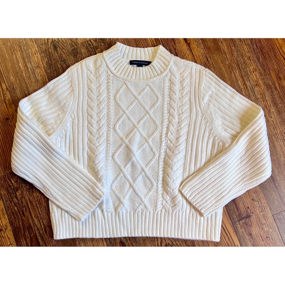 Tommy Hilfiger Women XL Cream White Cable Knit Mock Neck Sweater Ribbed Pullover